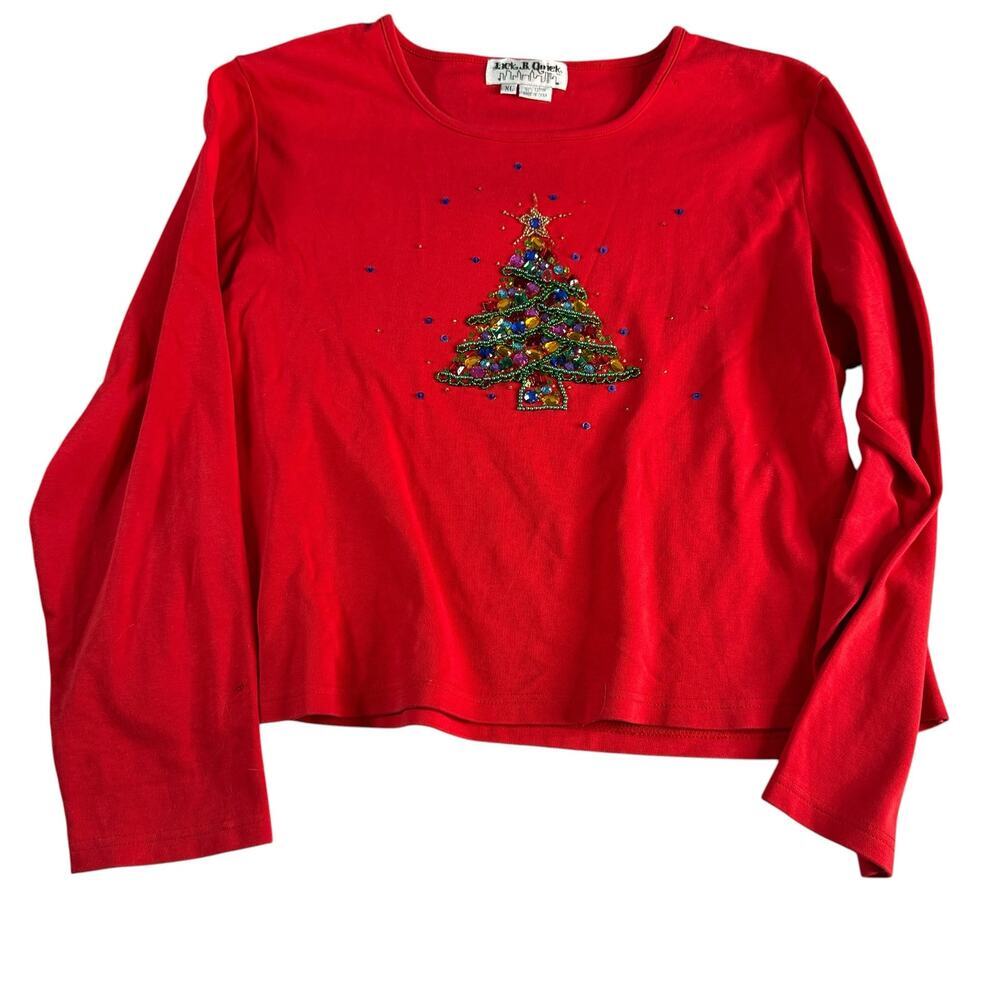 Jack B Quick Christmas Tree Knit Pullover XL Red Beaded Sequin Holiday Top